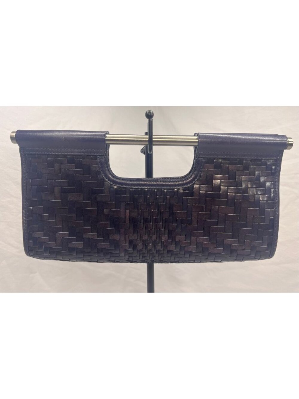 Cole Haan Genevieve Woven Leather Clutch Bag Silver Bar Handle Navy